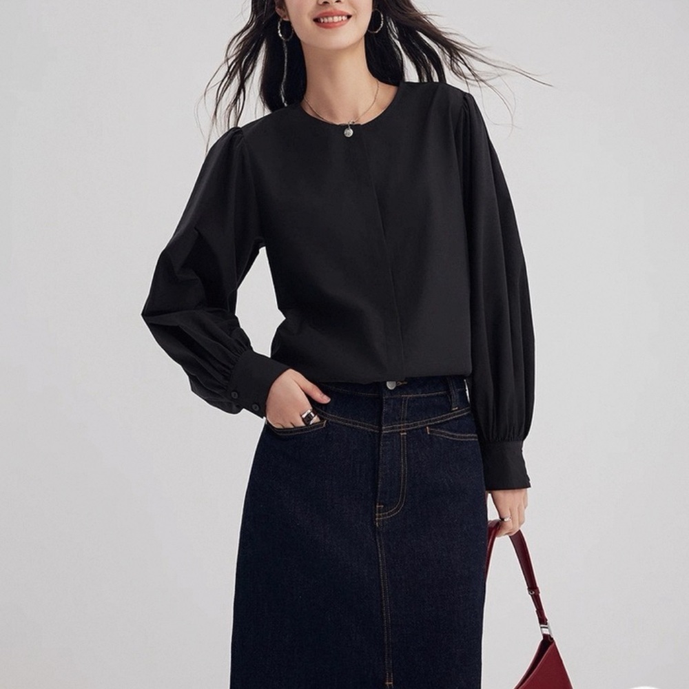 Chumian black balloon sleeve blouse shirt S